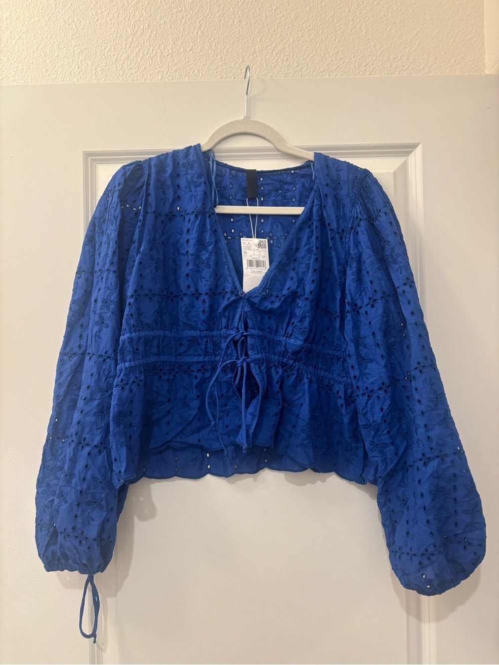 Blue Eyelet Lace-Up Peasant Top - Women - Mango - M